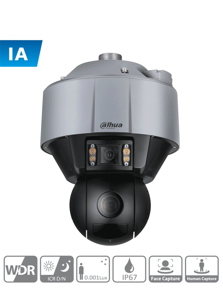 DAHUA SDT5X405-4F-WA - Cámara PTZ Dual de 4 Megapixeles con Inteligencia Artificial/ Lente panorámico de 6mm/ Lente para Detalle de Zoom 10-50mm/ IR de 100 Mts/ Soporta Reconocimiento de Rostros/ Captura de Rostros/ Captura de Humanos