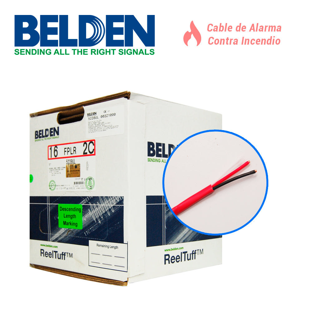 CABLE DE ALARMA CONTRA INCENDIOS BELDEN 5220UL 002Z1000 2C/16 AWG RISER-FPLR, 305M ROJO EMPAQUE