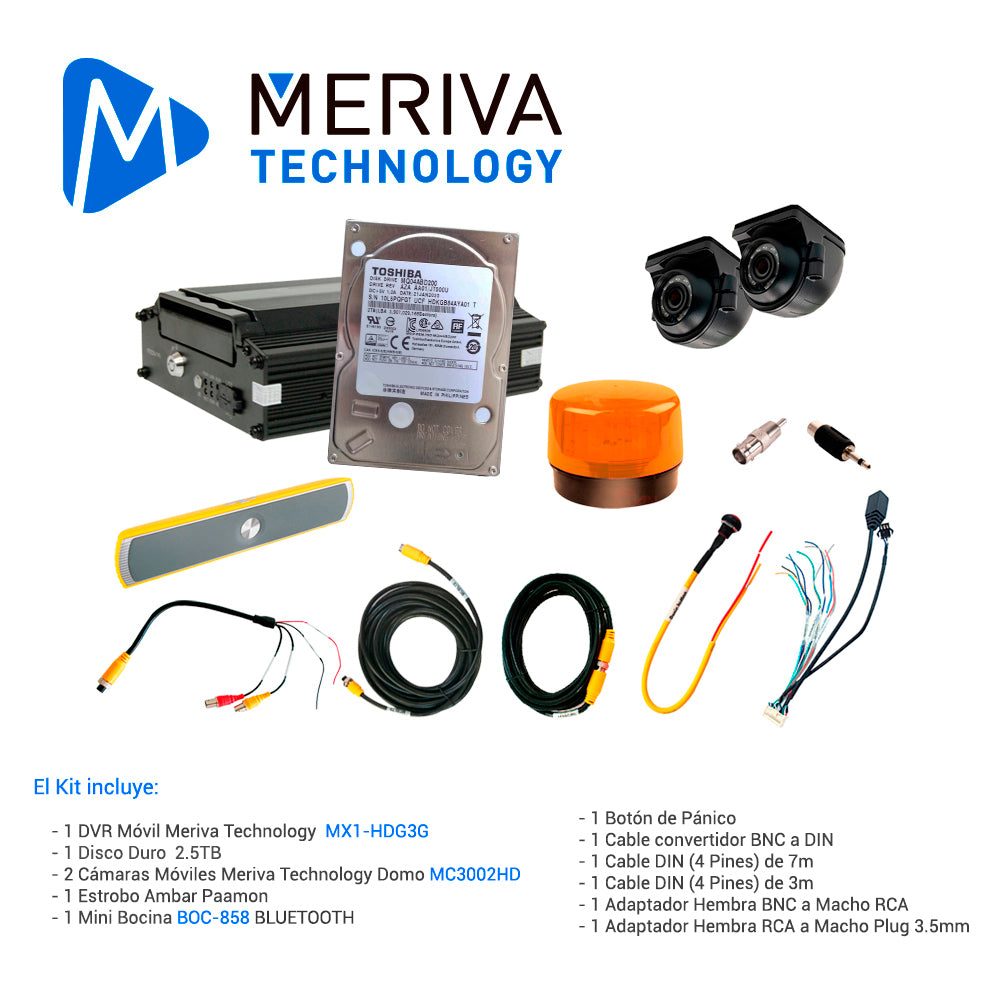 GRABADOR  MX1-HD2TB +  2 CAMARA MC3002HD + 1 SERIAL  MSERIAL + 1 ESTROBO  PAM-LED3 + 1 BOTON PANIC BUTTON + 1 CABLE  MVA-BNCDIN + 1 MINI BOCINA  BOC-858 + 1 ADAPTADOR BNC  200-170 + 1 ADAPTADOR  251-122 + 1 CABLE  DIN MCBL70 + 1 CABLE DIN  MCBL30