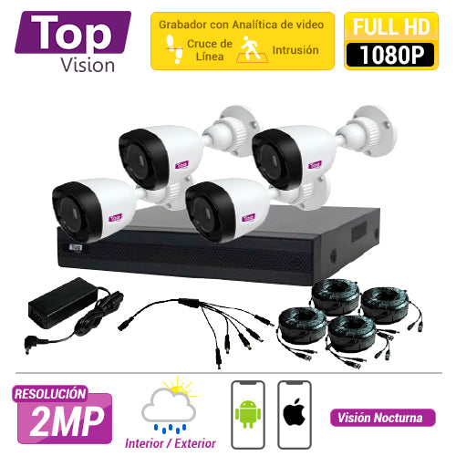 KIT 4X4 TOP2504 FULL 1080P INCLUYE: 1 DVR 4CH XDVR-5104 + 4 CÁMARAS BULLET 1080P TCB200 + 4 CABLES 18MTS C/U + FUENTE DE PODER Y DISTRIBUIDORES DE VIDEO. ANALITICA BASICA DE VIDEO